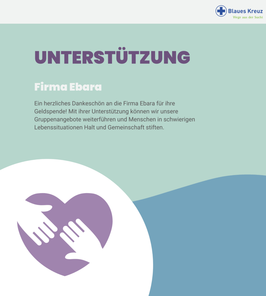 Danke für die Unterstützung an die Firma Ebara. Ein herzliches Dankeschön an die Firma Ebara für ihre Geldspende! Mit ihrer Unterstützung können wir unsere Gruppenangebote weiterführen und Menschen in schwierigen Lebenssituationen Halt und Gemeinschaft stiften.